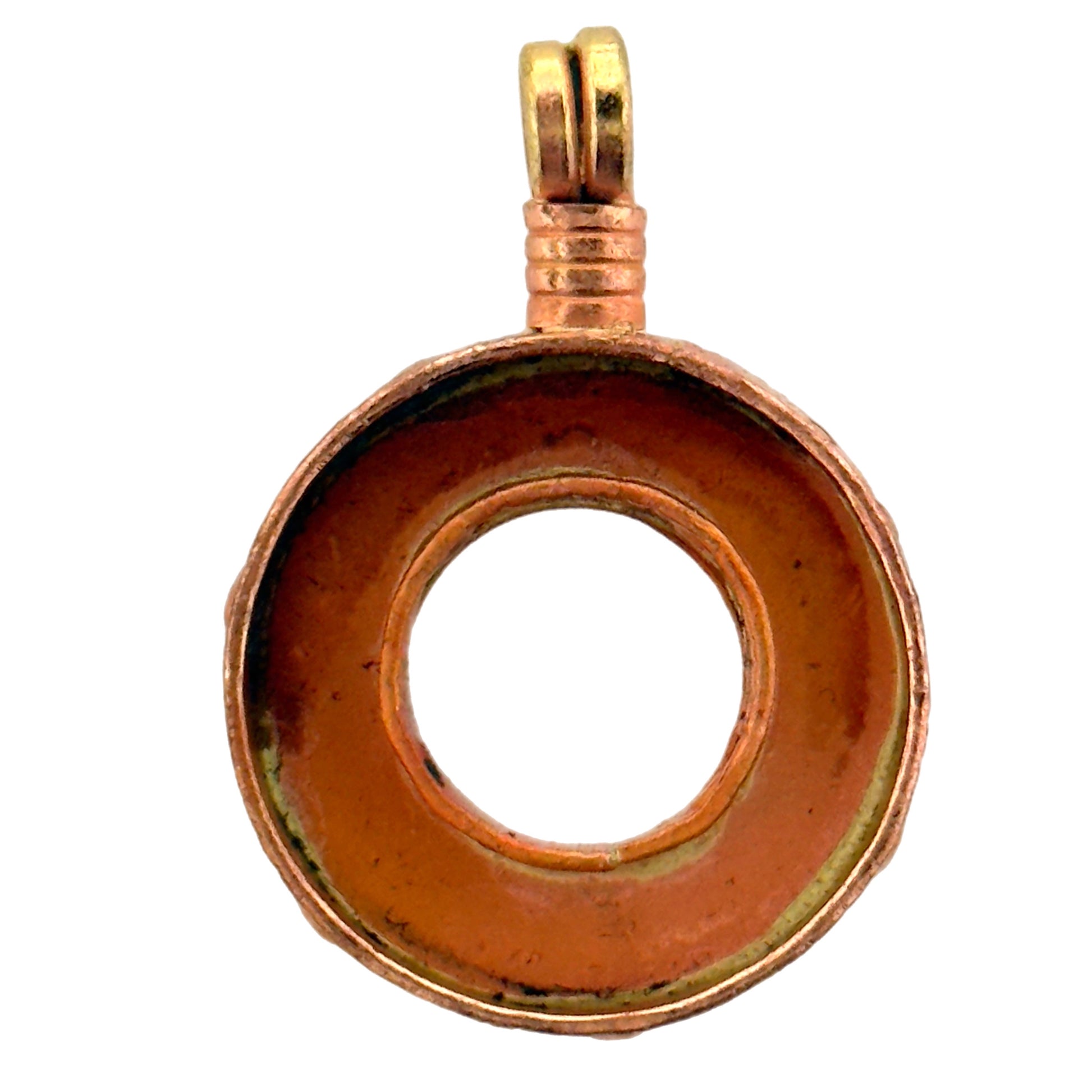 Small handmade copper and brass bezel pendant with open center for resin, mosaic, or stone inlay jewelry