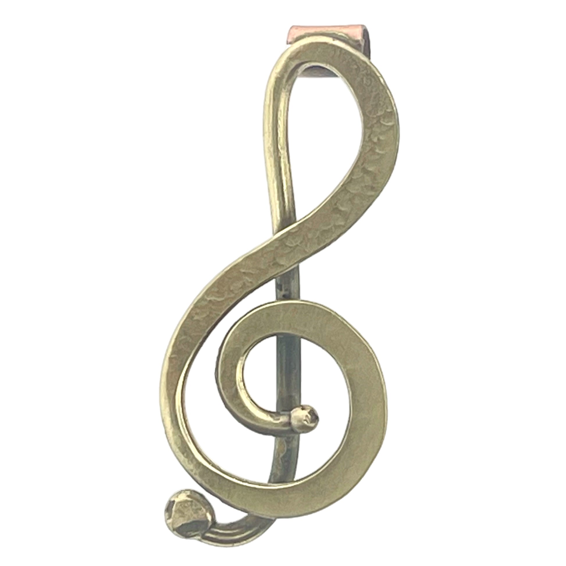 Brass treble clef pendant with copper bale on chain, musical jewelry accessory