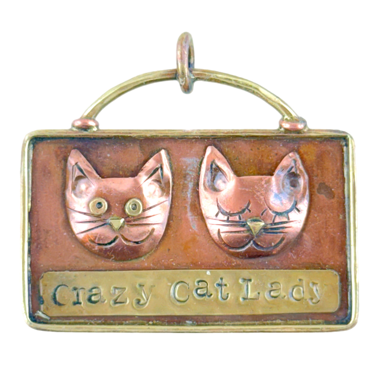 Copper pendant with two contrasting cats—one wide-eyed, one serene—brass accents and red flame patina, handcrafted by Patricia Healey.