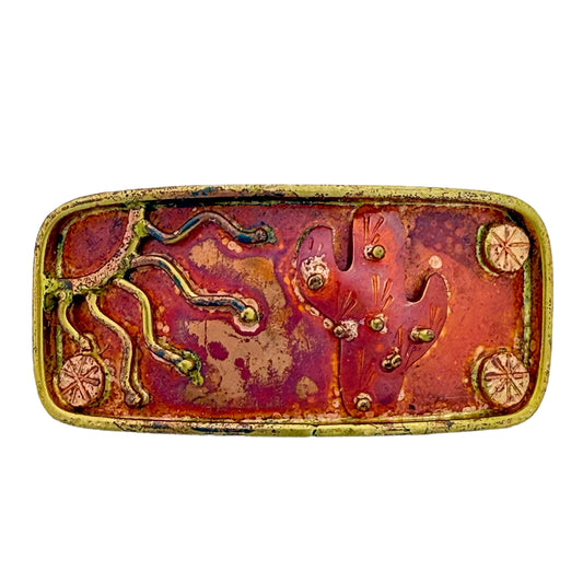 Rectangular copper and brass desert-themed slider with cactus and sun rays for 10mm flat leather bracelet