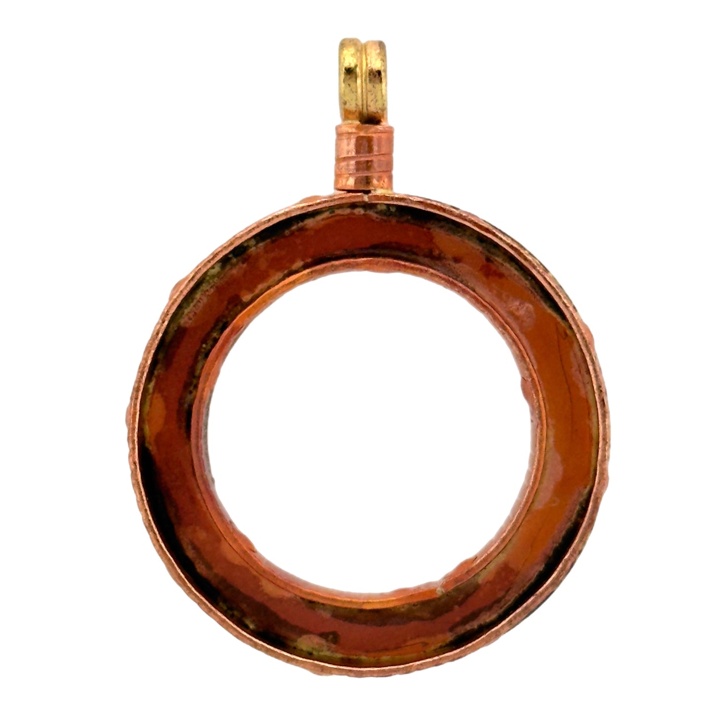 Handmade copper and brass ring bezel pendant with open center for resin or mosaic jewelry