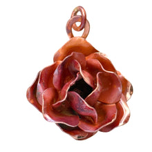 Handmade large copper rose pendant with repoussé form, red-orange flame patina, and sculpted texture by Patricia Healey