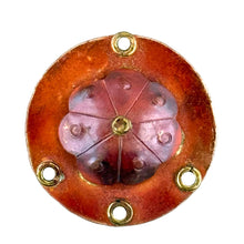 Handmade copper floral connector with domed shape, stamped texture, 4 drill holes, and brass accents by Patricia Healey