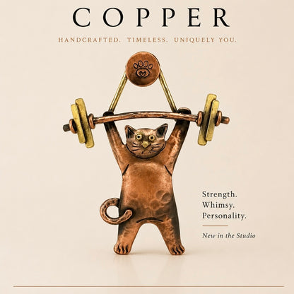 Weightlifting Cat Pendant in Copper & Brass | Handmade Fitness Cat