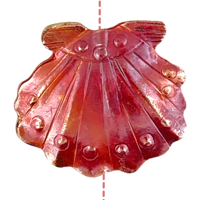 Copper scallop shell bead with hand stamping and red-orange patina on both sides