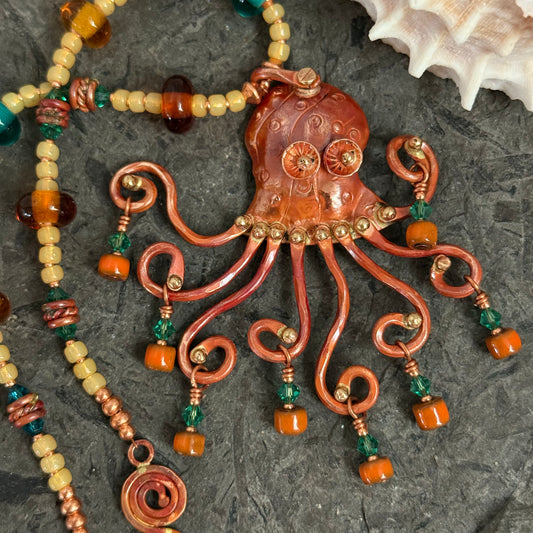 Copper Octopus Necklace with Artisan Glass Beads