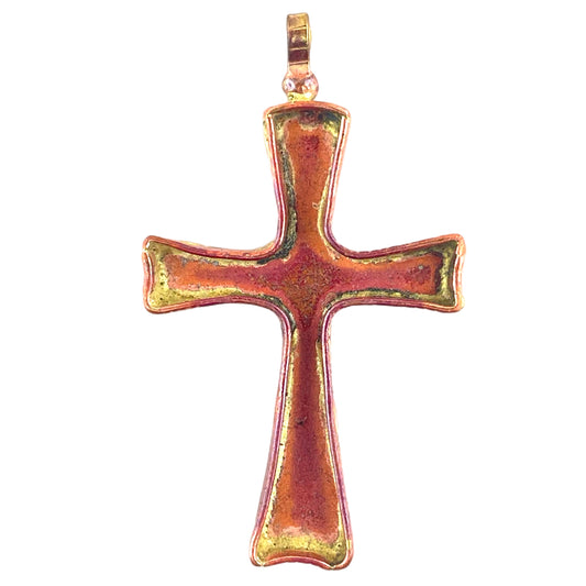 Handmade copper cross pendant with textured bezel frame