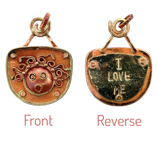 Reversible Copper Pendant with Crazy Lady and "I LOVE ME" Message
