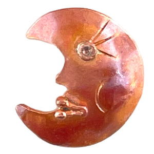 Handmade left-facing copper crescent moon charm with brass accents and torch-fired red-orange patina by Patricia Healey