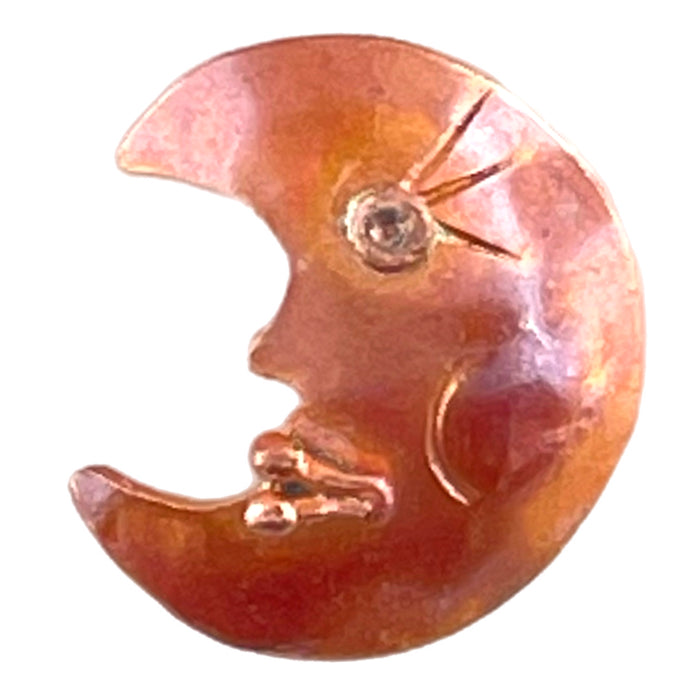 Handmade left-facing copper crescent moon charm with brass accents and torch-fired red-orange patina by Patricia Healey