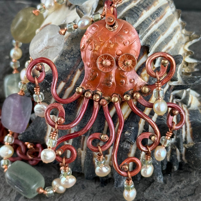 Ocean Octopus Necklace in Fluorite and Pearl
