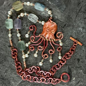 Ocean Octopus Necklace in Fluorite and Pearl