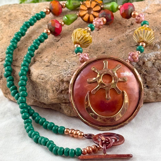Handcrafted copper Morning Star necklace with colorful Czech glass beads