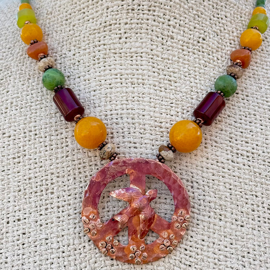 Boho Copper Peace Sign Pendant with Natural Stones