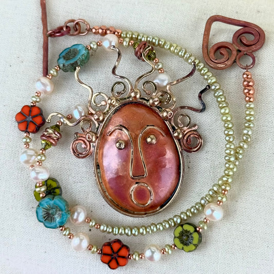 Wild-Haired Copper Face Necklace & Cultured Pearls