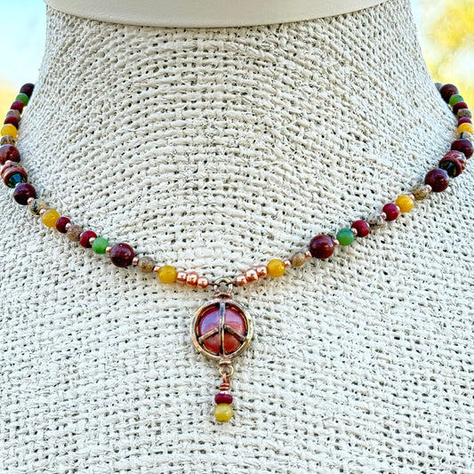 Bohemian Peace Sign Pendant Necklace with Jasper and Jade