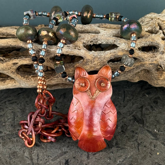Handmade copper owl pendant necklace with raku beads and Czech glass beads on torch-heated chain