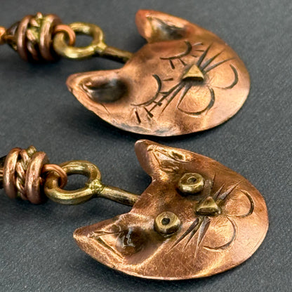 Handcrafted Copper and Brass Cat Earrings with Swarovski Crystals