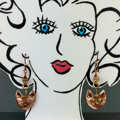 Handcrafted Copper and Brass Cat Earrings with Swarovski Crystals