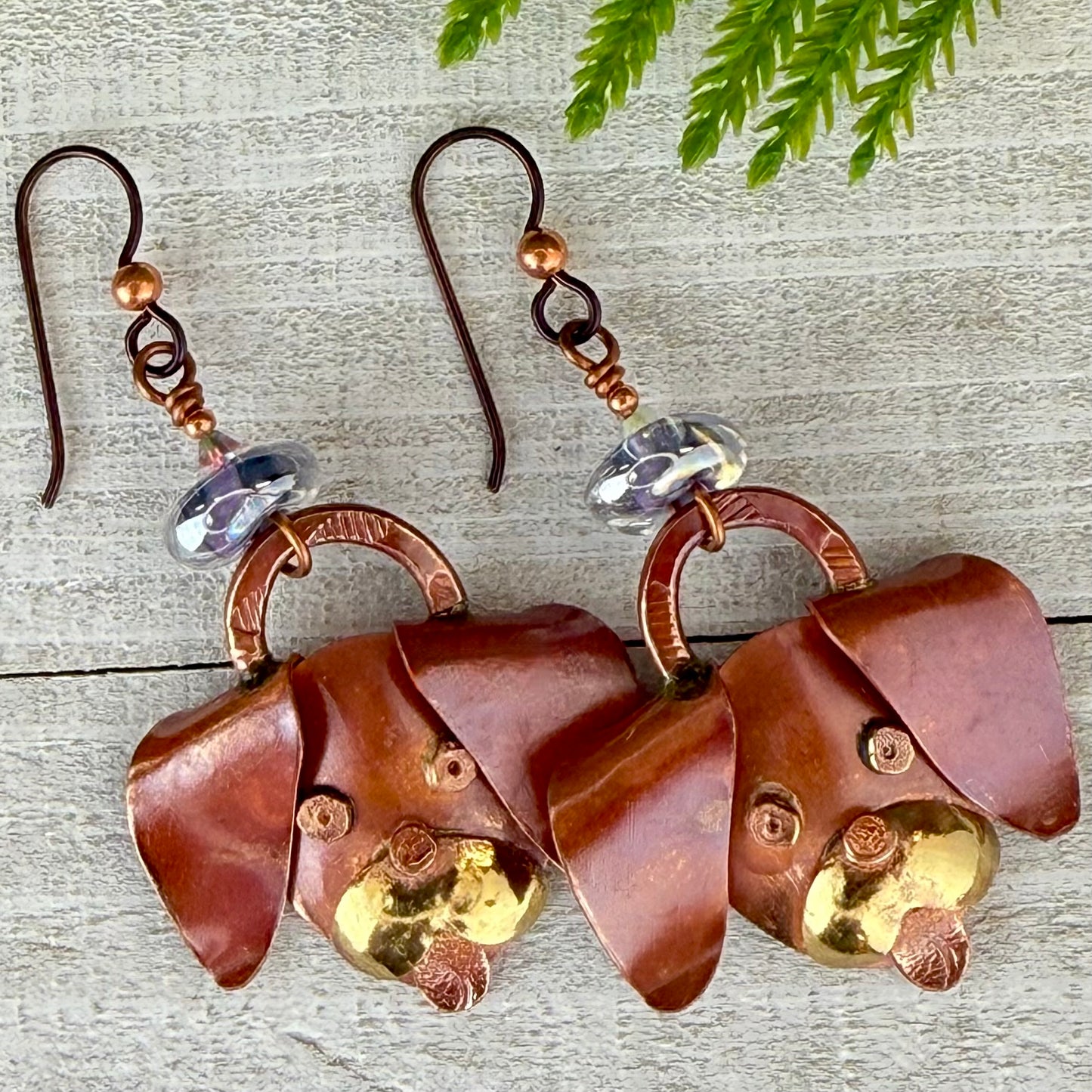 Copper Puppy Dangle Earrings with Dichroic Glass Beads and Swarovski Crystals