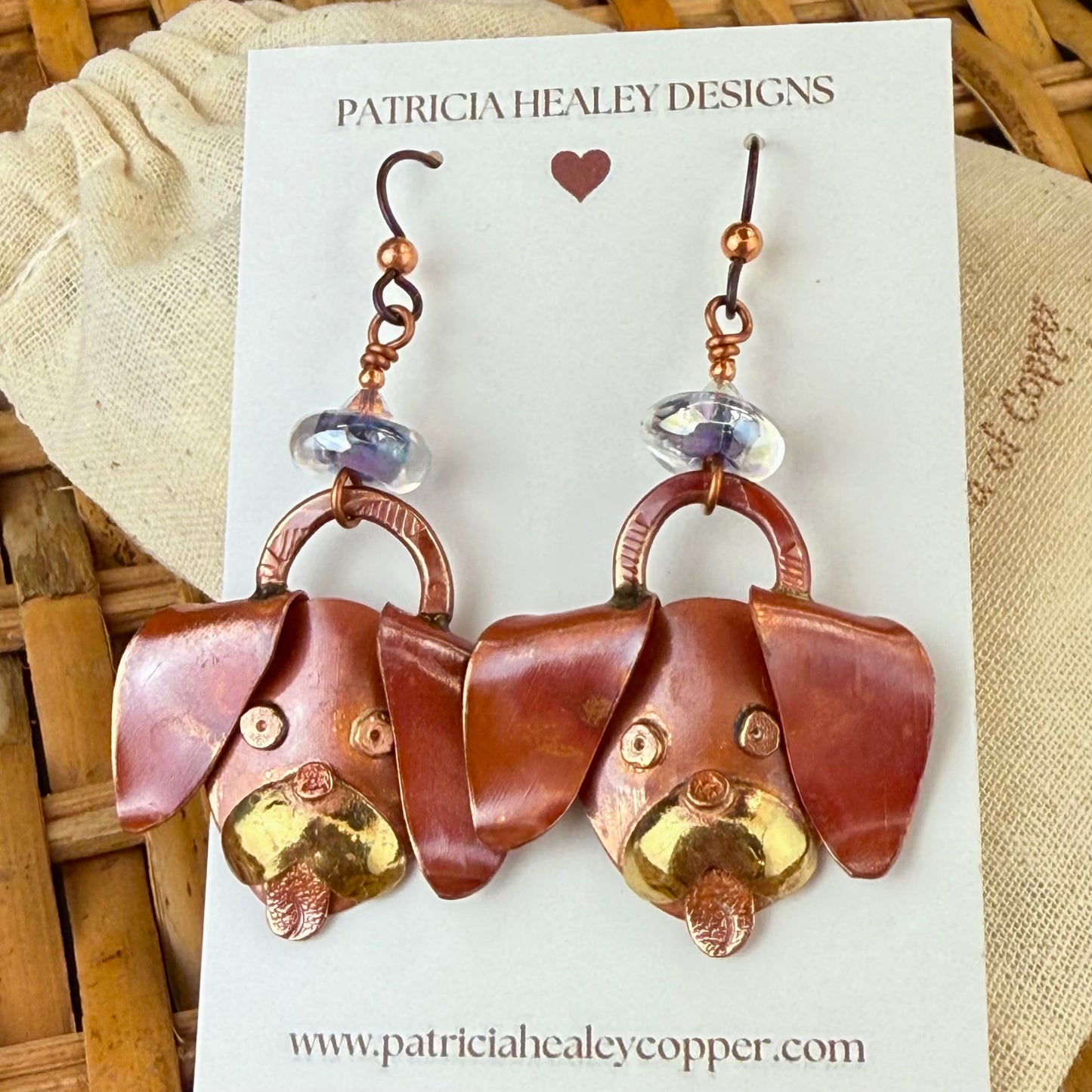 Copper Puppy Dangle Earrings with Dichroic Glass Beads and Swarovski Crystals