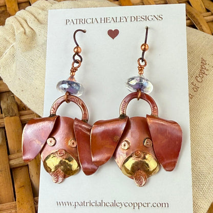 Copper Puppy Dangle Earrings with Dichroic Glass Beads and Swarovski Crystals