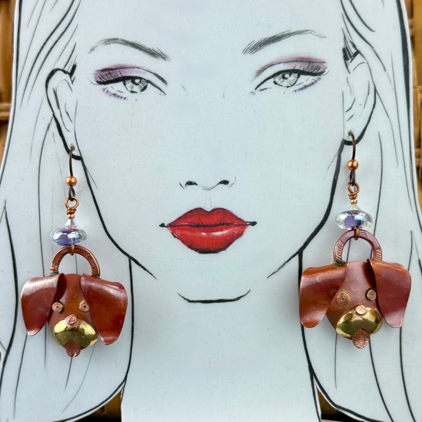 Copper Puppy Dangle Earrings with Dichroic Glass Beads and Swarovski Crystals