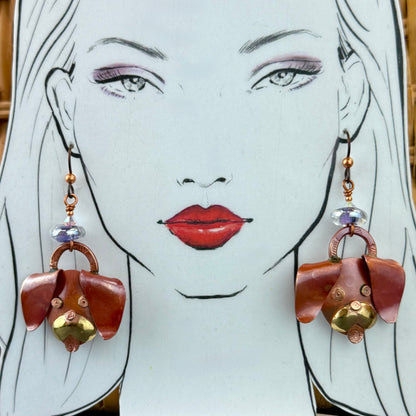 Copper Puppy Dangle Earrings with Dichroic Glass Beads and Swarovski Crystals
