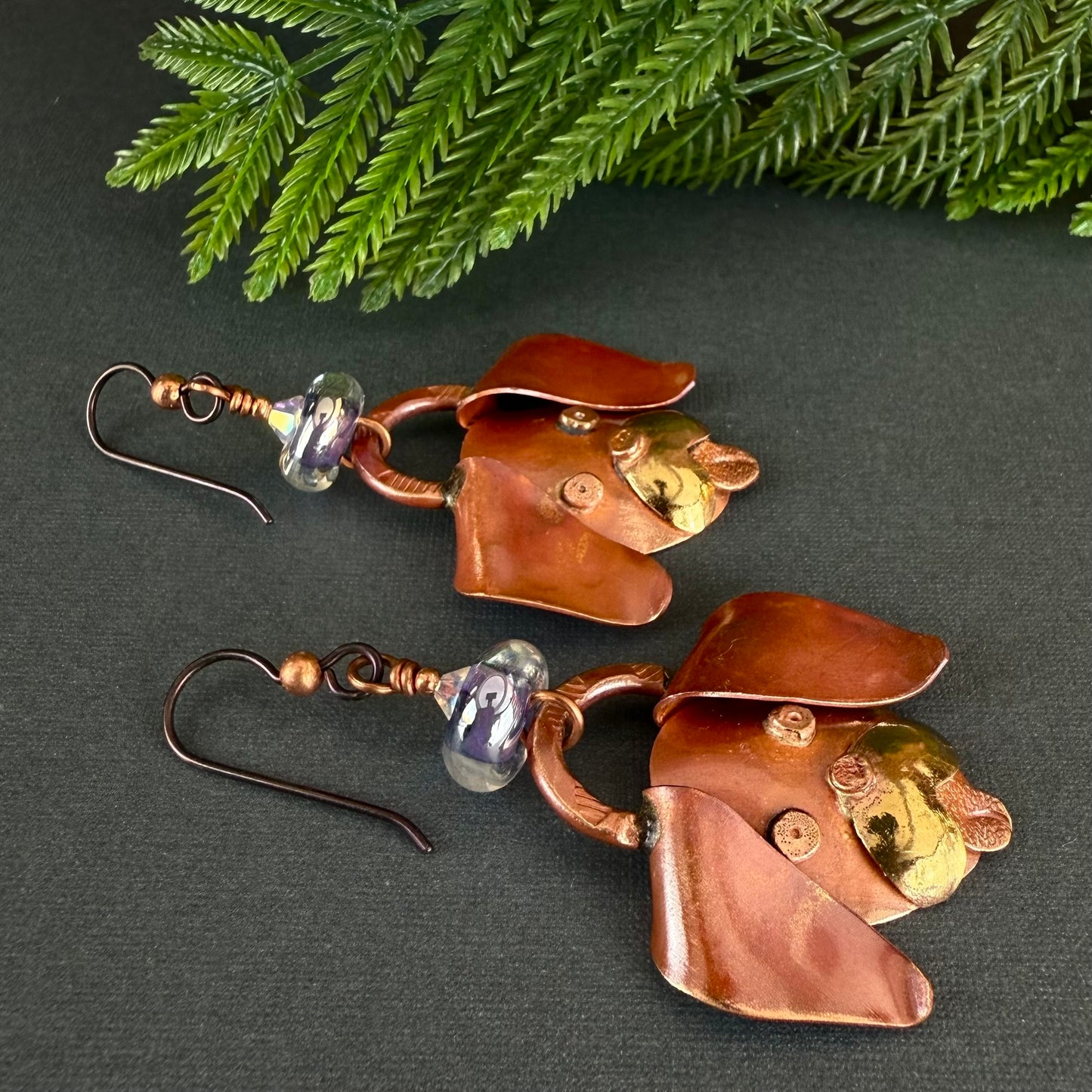 Copper Puppy Dangle Earrings with Dichroic Glass Beads and Swarovski Crystals