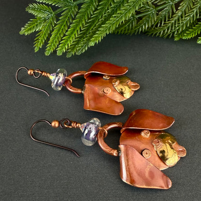 Copper Puppy Dangle Earrings with Dichroic Glass Beads and Swarovski Crystals
