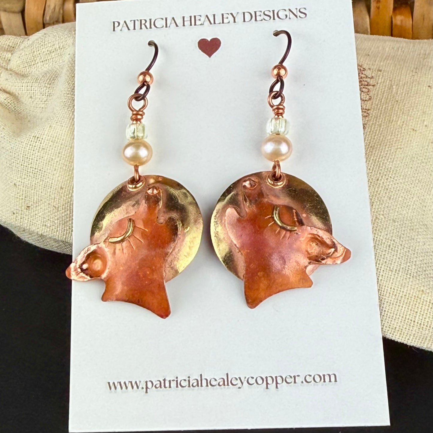 Handcrafted Copper & Brass Coyote Earrings with Cultured Pearls