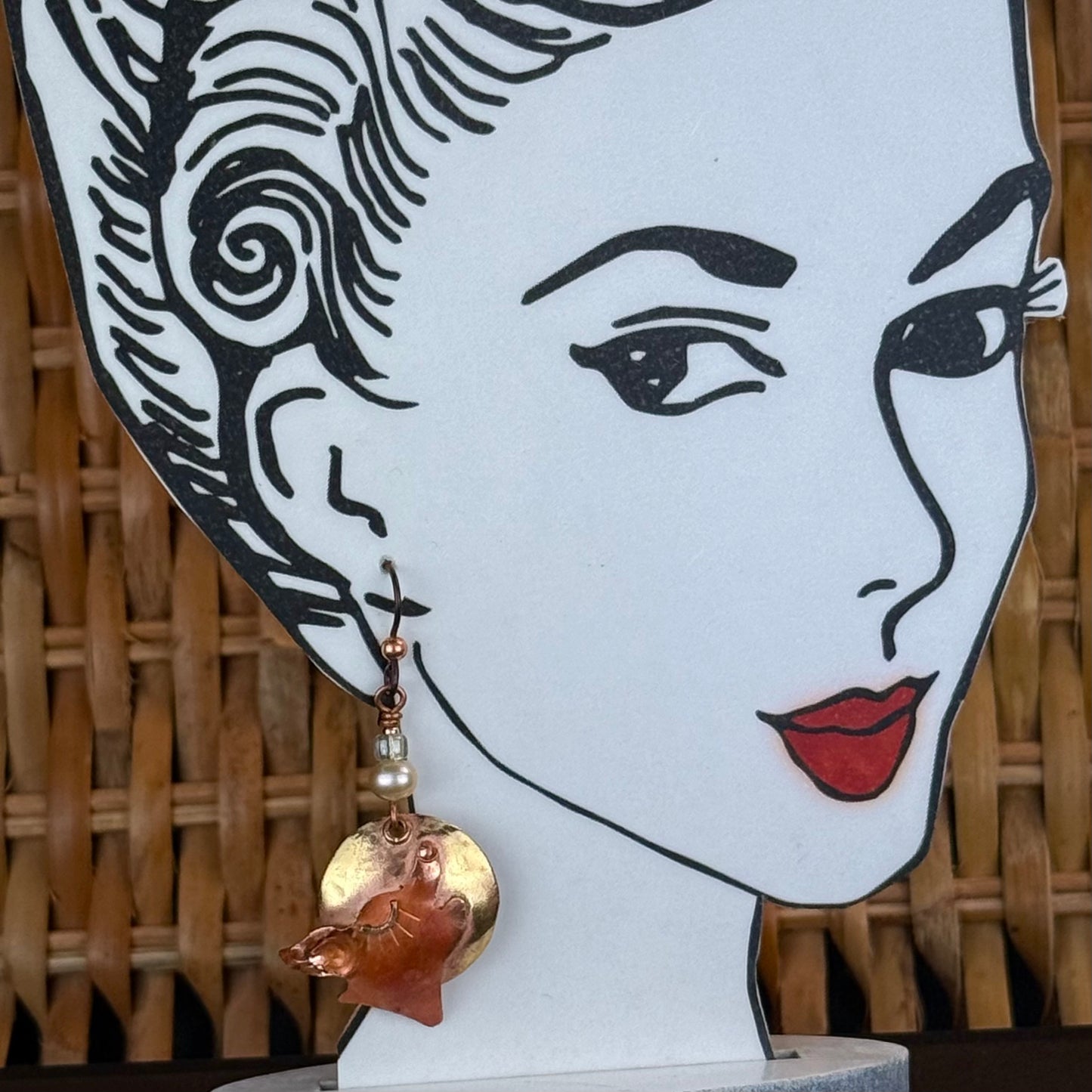 Handcrafted Copper & Brass Coyote Earrings with Cultured Pearls