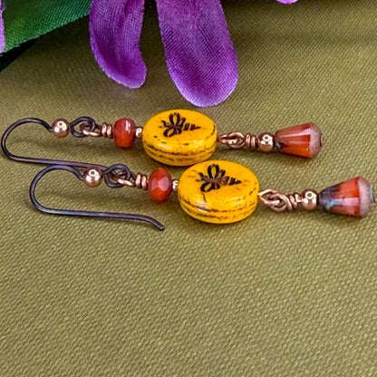 Mustard Yellow & Orange Czech Glass Bee Earrings by Patricia Healey