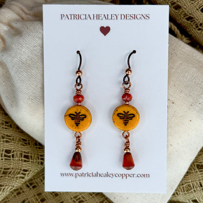 Mustard Yellow & Orange Czech Glass Bee Earrings by Patricia Healey