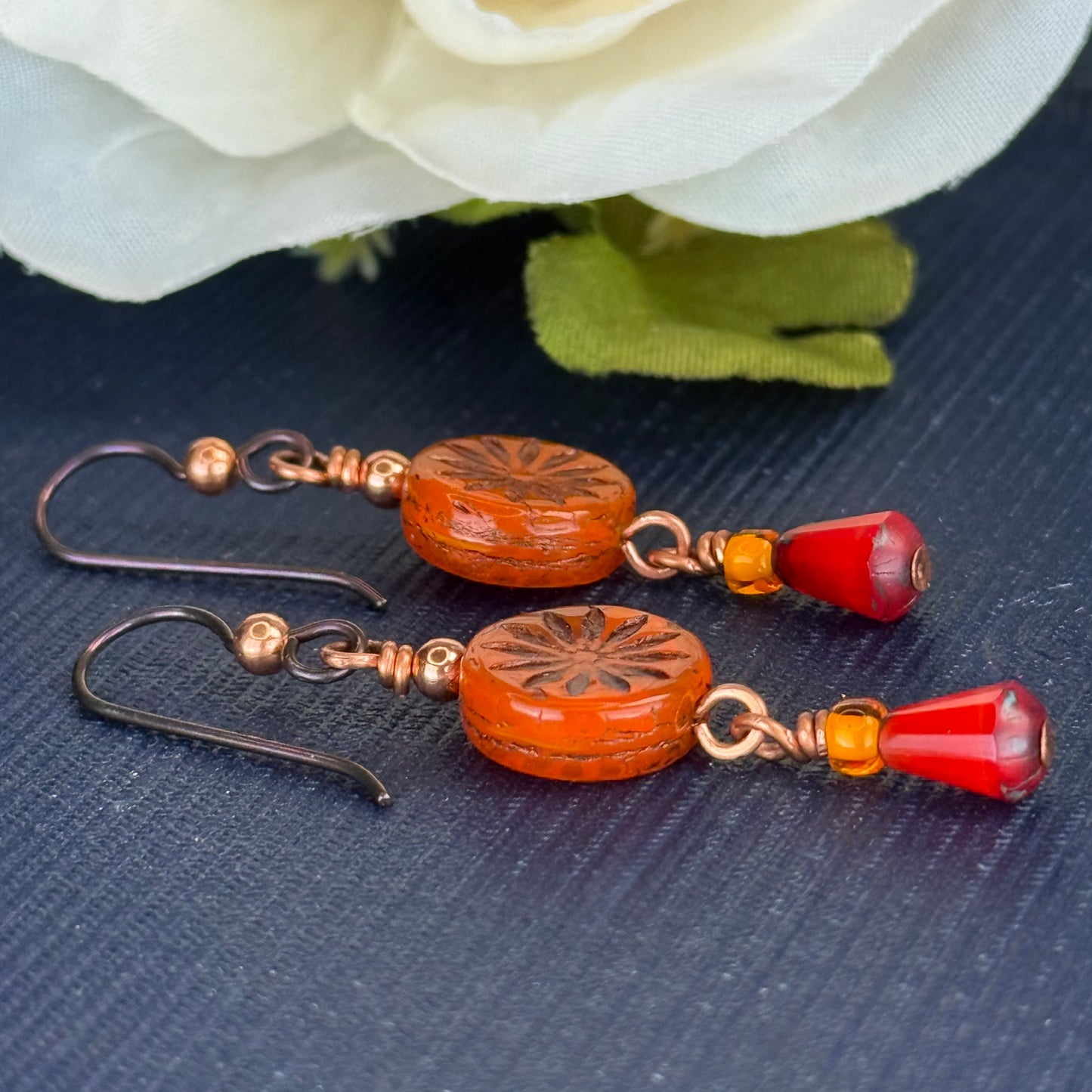 Bohemian Copper Earrings with Warm Red & Burnt Orange Hues