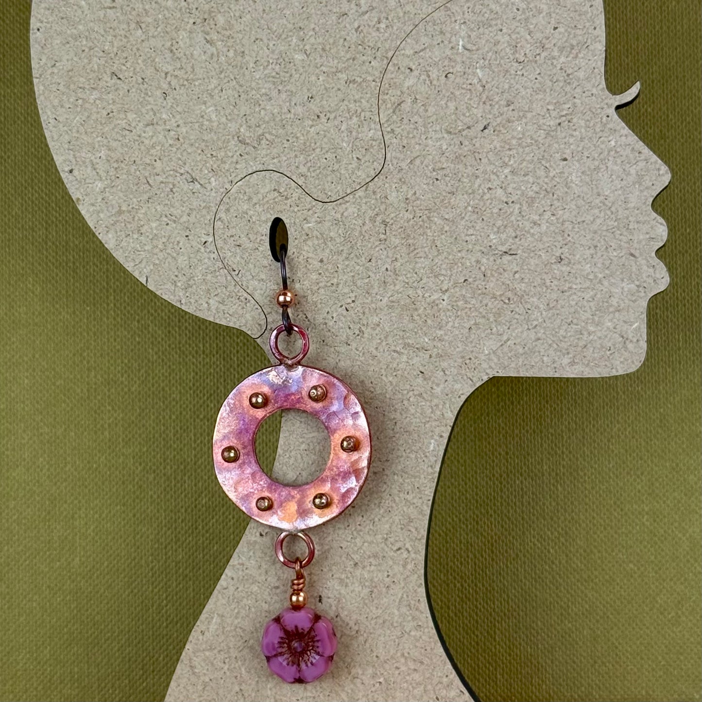 Dusty Rose Czech Glass Flower Dangle Earrings with Copper and Brass