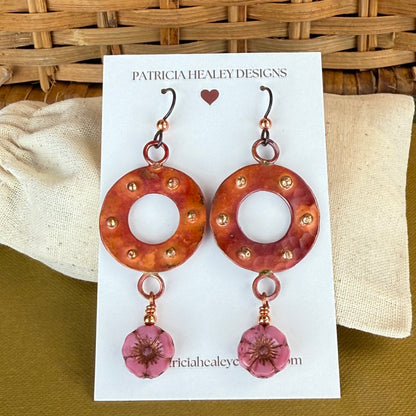 Dusty Rose Czech Glass Flower Dangle Earrings with Copper and Brass