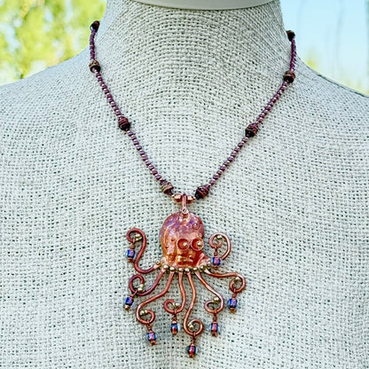 Octopus Necklace in Flame-Finished Copper with Purple Dichroic Beads