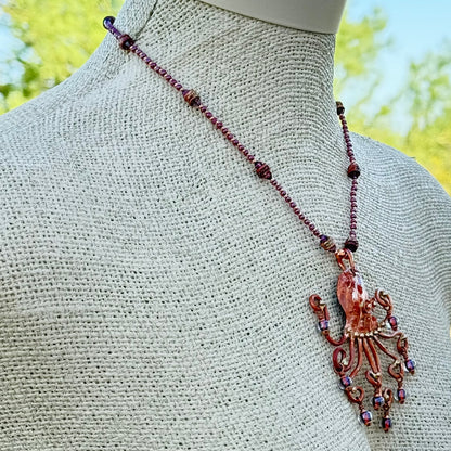 Octopus Necklace in Flame-Finished Copper with Purple Dichroic Beads