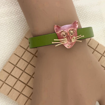 Copper Cat Slider Bracelet on Olive Green Leather