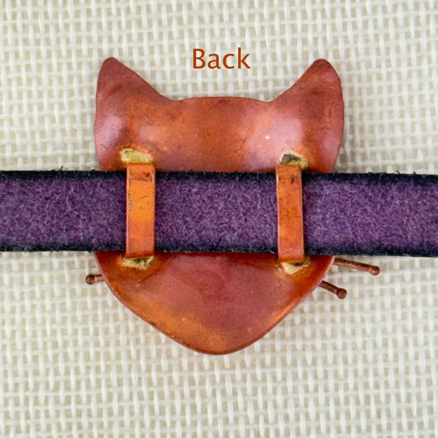 Copper Cat Slider Bracelet on Purple Greek Leather