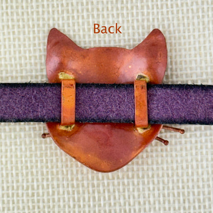 Copper Cat Slider Bracelet on Purple Greek Leather