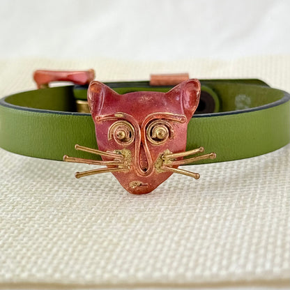 Copper Cat Slider Bracelet on Olive Green Leather