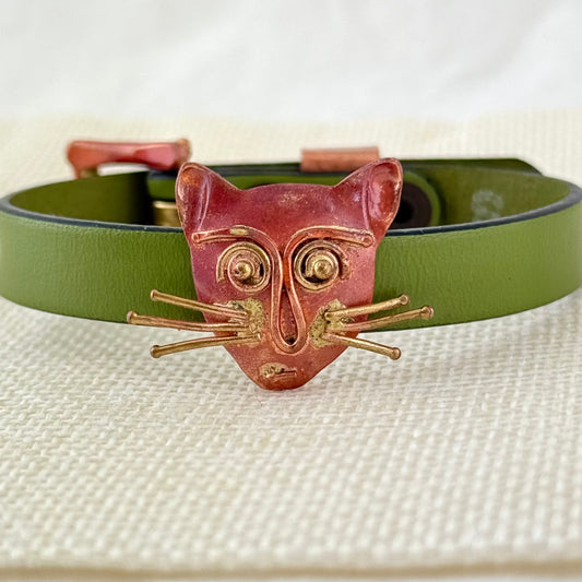 Copper Cat Slider Bracelet on Olive Green Leather