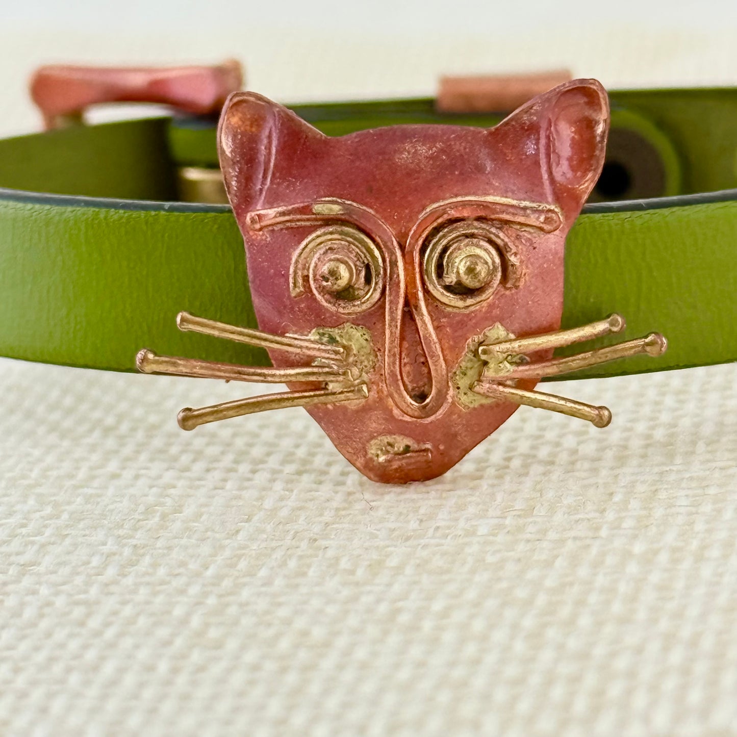 Copper Cat Slider Bracelet on Olive Green Leather