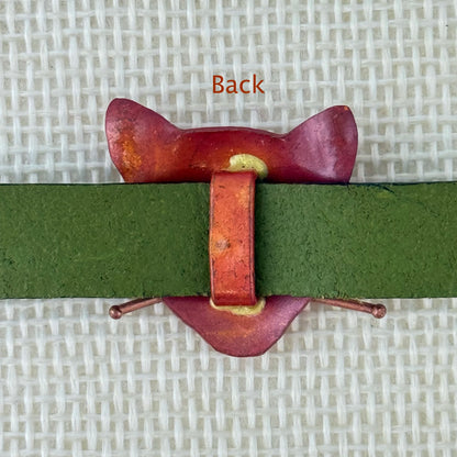 Copper Cat Slider Bracelet on Olive Green Leather