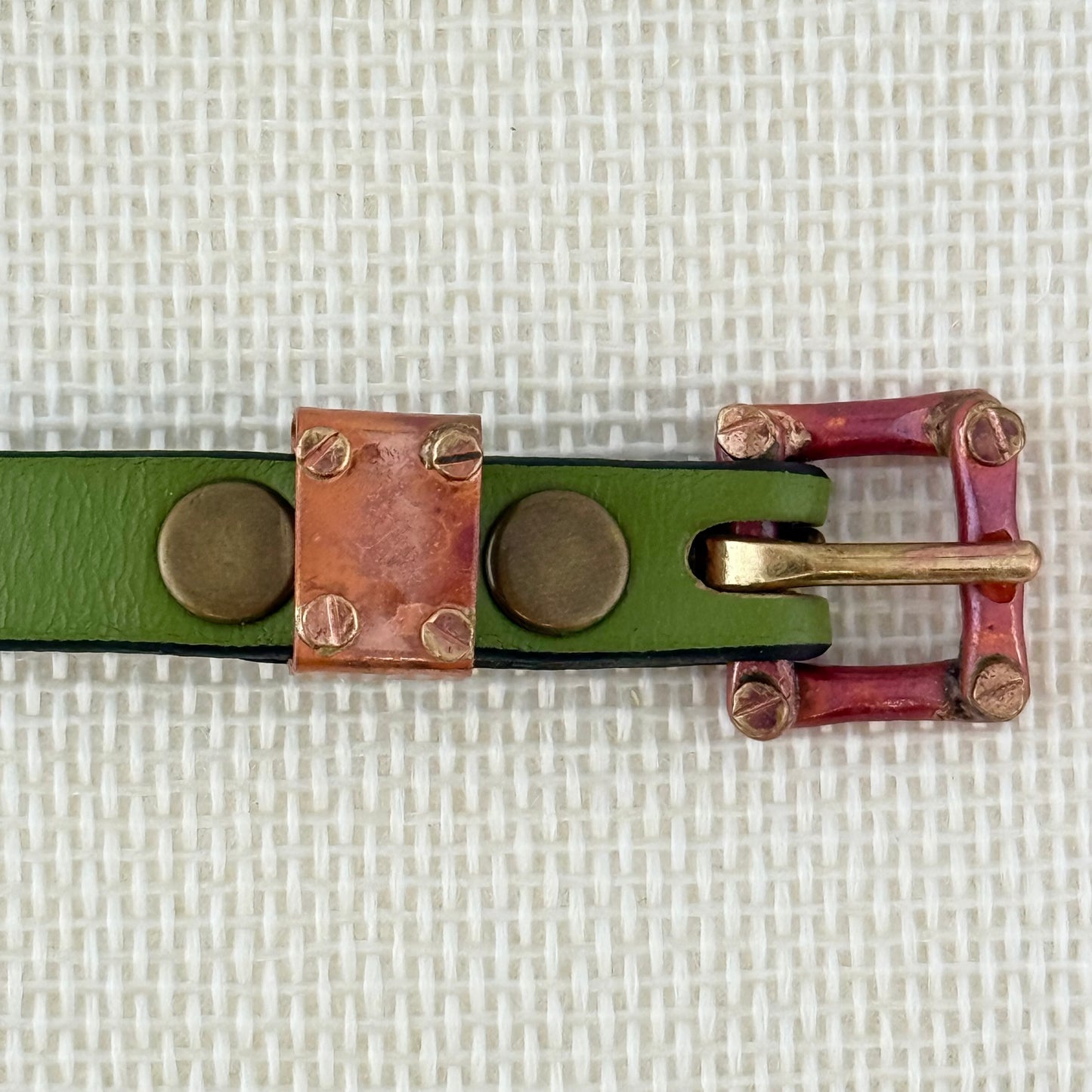Copper Cat Slider Bracelet on Olive Green Leather