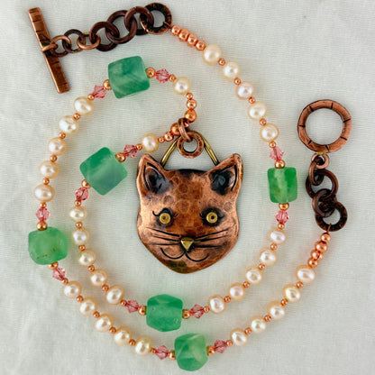 Copper Cat Pendant Necklace with Pearls and Fluorite Beads