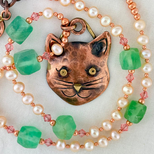 Copper Cat Pendant Necklace with Pearls and Fluorite Beads