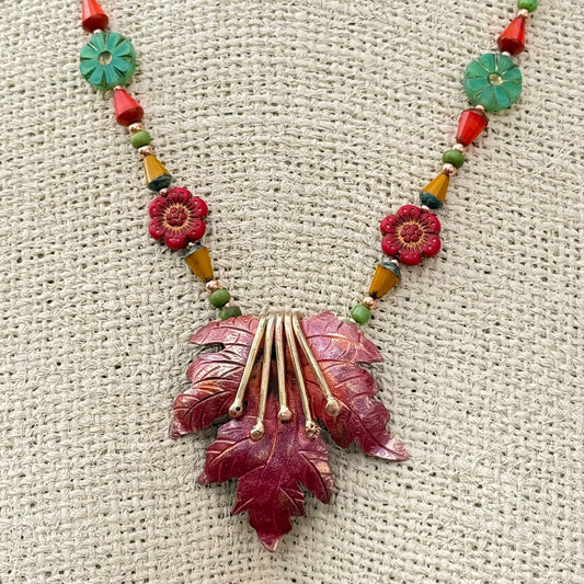Autumn Maple Leaf Copper Necklace with Brass & Glass Beads